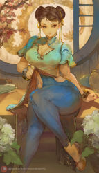 Rule 34 | 1girl, abs, blue dress, blue pants, bracelet, breasts, brown eyes, brown hair, capcom, china dress, chinese clothes, chun-li, cleavage, cutesexyrobutts, double bun, dress, hair bun, hair ribbon, highres, jewelry, large breasts, legs, long hair, looking at viewer, pants, pelvic curtain, ribbon, short sleeves, sitting, solo, street fighter, street fighter 6, thighs, tight clothes, tight pants, yellow ribbon