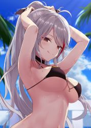 Rule 34 | 1girl, :q, alternate costume, anchor symbol, antenna hair, armpits, arms up, azur lane, bikini, black bikini, blue sky, blurry, blurry background, blush, breasts, brown eyes, cloud, commentary, cross, day, hair between eyes, highres, huuyu 1z, iron cross, large breasts, long hair, looking at viewer, mole, mole on breast, multicolored hair, outdoors, palm tree, ponytail, prinz eugen (azur lane), prinz eugen (unfading smile) (azur lane), red hair, ribbon, sidelocks, silver hair, sky, smile, solo, streaked hair, swimsuit, tongue, tongue out, tree, tying hair, underboob, upper body, very long hair, wet