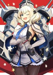 Rule 34 | 1girl, ;d, black gloves, black pantyhose, blonde hair, blue eyes, blue necktie, blush, boushi-ya, braid, breasts, capelet, clock, colorado (kancolle), commentary, dress, elbow gloves, garrison cap, gloves, grey dress, grey hat, hand on own hip, hat, headgear, kantai collection, large breasts, necktie, one eye closed, open mouth, pantyhose, pleated dress, pointing, rigging, shirt, short hair, side braids, sideboob, sleeveless, smile, solo, star (symbol), striped, striped background, white shirt
