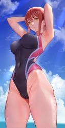 Rule 34 | 1girl, absurdres, armpits, arms behind head, blue sky, breasts, chainsaw man, commentary, competition swimsuit, covered navel, from below, highleg, highleg swimsuit, highres, large breasts, long hair, looking at viewer, makima (chainsaw man), ocean, one-piece swimsuit, parted lips, red hair, ringed eyes, sawatari kazuma, sidelocks, sky, smile, solo, swimsuit, yellow eyes