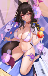 Rule 34 | 1girl, 82jhin, absurdres, animal ears, bare legs, barefoot, beach, beach towel, bikini, black hair, blue archive, commentary request, cup, cupping glass, drinking straw, artistic error, flower, food, fox ears, fox tail, fruit, grin, highres, holding, holding cup, long hair, looking at viewer, navel, orange (fruit), orange slice, parted lips, pink bikini, pink eyes, purple flower, seiza, sitting, smile, solo, stomach, swimsuit, tail, towel, wakamo (blue archive)