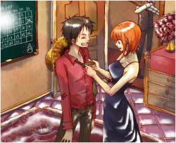 Rule 34 | 1girl, 2boys, collared shirt, formal, monkey d. luffy, multiple boys, nami (one piece), one piece, one piece: strong world, red shirt, roronoa zoro, shirt