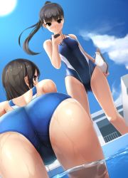 Rule 34 | 2girls, ass, bent over, black hair, blunt bangs, blush, brown eyes, commentary request, competition swimsuit, eto, highres, long hair, looking back, md5 mismatch, multiple girls, one-piece swimsuit, original, ponytail, revision, smile, stopwatch, swimsuit, watch, wet