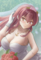 Rule 34 | 1girl, armpits, bare shoulders, blurry, blurry background, blush, bouquet, breasts, bridal gauntlets, bridal veil, bride, brown eyes, brown hair, cleavage, closed mouth, collarbone, dress, ear focus, flower, goma anco (shiyoshiyo), hand up, headband, headgear, holding, holding flower, hololive, houshou marine, jewelry, large breasts, lips, necklace, no bra, red flower, red hair, red rose, rose, sleeveless, smile, veil, virtual youtuber, wedding dress, white dress