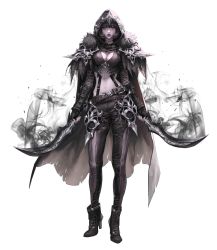 Rule 34 | 1girl, armor, arms at sides, belt, black cape, black footwear, black gloves, black hair, black pants, blunt bangs, bob cut, boots, breastplate, breasts, cape, chain, choker, cleavage, commentary, contrapposto, dagger, dual wielding, english commentary, feather trim, fingerless gloves, full body, fur-trimmed cape, fur trim, gloves, heo sung-moo, high heel boots, high heels, highres, holding, holding dagger, holding knife, holding weapon, hood, hood up, hooded cape, jewelry, knife, lips, long sleeves, looking at viewer, midriff, multiple belts, navel, original, pants, pants tucked in, pauldrons, scar, scar on face, scar on nose, shoulder armor, silver trim, smoke, solo, standing, suspenders, thigh strap, torn cape, torn clothes, weapon, white background, yellow eyes