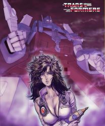Rule 34 | 1980s (style), 1girl, autobot, bad id, bad pixiv id, breasts, brown eyes, brown hair, censored, cleavage, copyright name, energy gun, english text, large breasts, logo, long hair, looking at viewer, mecha, mecha on girl, mosaic censoring, oldschool, pakata-san jr., parted lips, ray gun, retro artstyle, robot, science fiction, solo, transformers, transformers: generation 1, ultra magnus, weapon