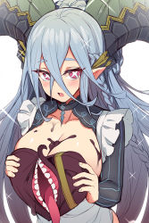 Rule 34 | + +, 1girl, :o, blue hair, blush, braid, breasts, candy, chocolate, chocolate heart, chocolate on body, chocolate on breasts, commentary request, fang, fate/grand order, fate (series), food, food on body, hair between eyes, heart, horns, lahmu (fate), large breasts, long hair, looking at viewer, mou tama maru, open mouth, pink eyes, pointy ears, solo, symbol-shaped pupils, teeth, tiamat (fate), tongue, tongue out, upper body, valentine, white background, x-shaped pupils
