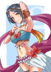 Rule 34 | 1girl, arm up, armlet, armpits, black thighhighs, blue background, blue hair, bow, bracelet, breasts, circlet, cloth, commentary request, cosplay, cowboy shot, dancer, finger to mouth, hayami kanade, idolmaster, idolmaster cinderella girls, jewelry, large breasts, light smile, long skirt, looking at viewer, midriff, natalia (idolmaster), natalia (idolmaster) (cosplay), navel, parted bangs, short hair, simple background, skirt, sleeveless, solo, thighhighs, white skirt, yellow eyes, youhei (testament)