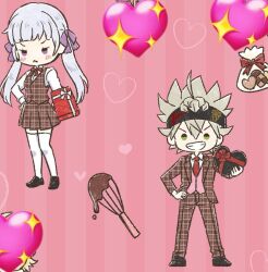 Rule 34 | 1boy, 1girl, artist request, asta (black clover), bad tag, black clover, blush, candy, chocolate, chocolate heart, chocolates, cookie, food, green eyes, headband, heart, heart (symbol), hetero, long hair, noelle silva, pants, purple eyes, school uniform, shoes, source request, standing, valentines chocolate, valentines day, white background