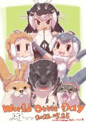 Rule 34 | 3girls, animal, animal ears, antenna hair, armpits, arms up, bare shoulders, black hair, brown eyes, brown hair, character name, creature and personification, dated, elbow gloves, empty eyes, extra ears, fangs, fingerless gloves, front zipper swimsuit, fur collar, giant otter (kemono friends), gloves, grey eyes, grey hair, hand on another&#039;s head, hand up, height difference, highres, japanese otter (kemono friends), kemono friends, light brown hair, long hair, looking at viewer, medium hair, meme attire, multicolored hair, multiple girls, nakashi masakumi, one-piece swimsuit, otter, otter ears, otter girl, otter tail, outstretched arms, sidelocks, small-clawed otter (kemono friends), smile, swimsuit, tail, tan, turtleneck, turtleneck one-piece swimsuit, two-tone hair, v-shaped eyebrows, white hair, zipper, zipper pull tab