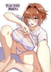 Rule 34 | 1girl, barefoot, breasts, brown hair, cameltoe, clothes lift, dated, fang, feet, highres, knee up, large breasts, legs, lifted by self, looking at viewer, mibry (phrysm), navel, original, panties, selfie, shirt, shirt lift, short sleeves, simple background, solo, spread legs, tongue, tongue out, underwear, white background, white panties, white shirt