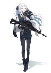 Rule 34 | absurdres, ak-12, ak-12 (girls&#039; frontline), assault rifle, black footwear, black gloves, black pants, boots, braid, breasts, dlarudgml21, closed eyes, french braid, girls&#039; frontline, gloves, gun, highres, holding, holding gun, holding weapon, kalashnikov rifle, long hair, long sleeves, magazine (weapon), mask, mask around neck, medium breasts, pants, reflex sight, rifle, sidelocks, sight, silver hair, solo, tactical clothes, weapon