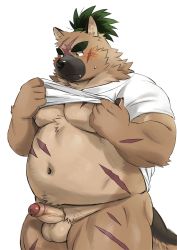 Rule 34 | 1boy, abs, animal ears, bara, bare pectorals, belly, blush, bottomless, brown fur, clothes lift, dog boy, erection, fat, fat man, feet out of frame, foreskin, fox boy, fox ears, from side, furry, furry male, green eyes, highres, large pectorals, male focus, male pubic hair, muscular, muscular male, naked shirt, navel, nipples, pectorals, penis, pubic hair, rossciaco, scar, scar on chest, scar on leg, shirt, shirt lift, short hair, solo, stomach, sweatdrop, thick eyebrows, thick thighs, thighs, tokyo houkago summoners, uncensored, white background, yasuyori (housamo)