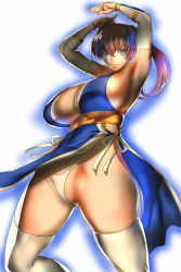 Rule 34 | 1girl, absurdres, arms up, breasts, clothes lift, curvy, dead or alive, highleg, highleg panties, highres, huge breasts, judge (oekaki), kasumi (doa), looking at viewer, panties, partially visible vulva, pelvic curtain, pelvic curtain lift, ponytail, smile, solo, thong, underwear, wide hips