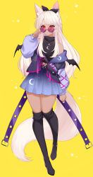 Rule 34 | 1girl, absurdres, animal ear fluff, animal ears, black footwear, black ribbon, black shirt, black wings, blue skirt, boots, closed mouth, commentary, commission, copyright request, crescent, dark-skinned female, dark skin, demon wings, english commentary, full body, hair ribbon, hand up, highres, looking at viewer, mini wings, pleated skirt, purple-framed eyewear, red eyes, ribbon, round eyewear, sakotach, shirt, simple background, skirt, sleeveless, sleeveless shirt, sleeveless turtleneck, smile, solo, standing, star (symbol), thigh boots, turtleneck, virtual youtuber, wings, yellow background