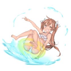 Rule 34 | 10s, 1girl, ahoge, arm up, bad id, bad twitter id, bare arms, bare legs, barefoot, bikini, blush, brown eyes, brown hair, collarbone, dark-skinned female, dark skin, ebifurya, eyebrows, fang, frilled bikini, frills, full body, hair ribbon, highres, inactive account, index finger raised, innertube, kantai collection, knees together feet apart, libeccio (kancolle), lifebuoy, long hair, looking at viewer, one eye closed, open mouth, polka dot, polka dot ribbon, ribbon, simple background, smile, soles, solo, swim ring, swimsuit, toes, twintails, water, white background