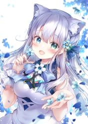 Rule 34 | 1girl, animal ears, bare shoulders, blue flower, blurry, blurry background, blush, breasts, fang, flower, frills, hair flower, hair ornament, hairpin, hands up, heterochromia, highres, long hair, open mouth, original, ribbon, sakura moyon, small breasts, smile, solo, white hair