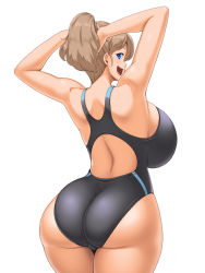Rule 34 | 1girl, ass, blue eyes, breasts, brown hair, competition swimsuit, curvy, huge ass, huge breasts, intrepid (kancolle), kantai collection, kawanuma uotsuri, long hair, looking at viewer, looking back, one-piece swimsuit, open mouth, ponytail, sideboob, smile, solo, swimsuit, wide hips