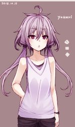 Rule 34 | 1girl, 2018, ahoge, bare shoulders, bracelet, brown background, collarbone, cowboy shot, dated, hachikuji, hair between eyes, hand on own hip, jewelry, long hair, low twintails, open mouth, purple eyes, purple hair, shirt, solo, tank top, triangle mouth, twintails, vocaloid, voiceroid, white shirt, yuzuki yukari