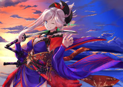 Rule 34 | 1girl, absurdres, asymmetrical hair, blue eyes, blue kimono, breasts, cleavage, clothing cutout, detached sleeves, earrings, fate/grand order, fate (series), hair ornament, highres, holding, holding sword, holding weapon, japanese clothes, jewelry, katana, kimono, large breasts, leaf print, long hair, looking at viewer, magatama, miyamoto musashi (fate), miyamoto musashi (third ascension) (fate), navel cutout, one eye closed, pink hair, ponytail, sash, sheath, short kimono, sleeveless, sleeveless kimono, smile, solo, sword, unsheathed, weapon, yu sa1126