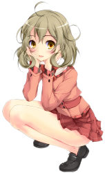 Rule 34 | 10s, 1girl, blush, full body, green hair, hands on own cheeks, hands on own face, highres, loafers, looking at viewer, no socks, sasami-san@ganbaranai, shoes, simple background, skirt, smile, solo, squatting, tsukuyomi sasami, white background, yagami shuuichi, yellow eyes