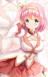 Rule 34 | 1girl, blue eyes, blush, breasts, cleavage, cleavage cutout, closed mouth, clothing cutout, commentary request, dress, hair ornament, hairband, hand up, highres, juliet sleeves, long hair, long sleeves, looking at viewer, medium breasts, pink hair, pleated skirt, princess connect!, puffy sleeves, red skirt, skirt, smile, solo, split mouth, white dress, wide sleeves, xenon (for achieve), yellow hairband, yui (princess connect!), zoom layer