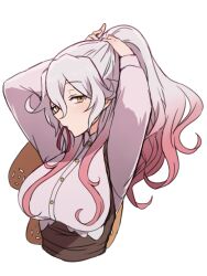 Rule 34 | 1girl, apo 518, arms up, breasts, buttons, collared shirt, elsje (rune factory), gradient hair, grey hair, hair between eyes, highres, large breasts, long hair, long sleeves, mouth hold, multicolored hair, pink hair, pink shirt, ponytail, rune factory, rune factory 5, shirt, simple background, solo, two-tone hair, tying hair, underbust, upper body, wavy hair, white background, yellow eyes