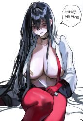 Rule 34 | 1girl, bandaid, bandaids on nipples, black choker, black hair, breasts, choker, commentary request, gloves, hair between eyes, highres, holding, holding knife, knife, korean commentary, korean text, large breasts, long hair, long sleeves, looking at viewer, open clothes, open mouth, open shirt, original, pantyhose, pasties, pinkmill, red eyes, red gloves, red pantyhose, shirt, simple background, solo, speech bubble, torn clothes, torn shirt, translation request, trembling, white background, white shirt