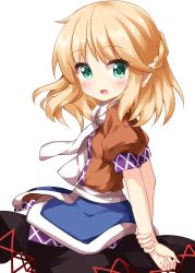 Rule 34 | 1girl, arm warmers, arms behind back, black skirt, blonde hair, braid, brown jacket, french braid, from side, green eyes, highres, jacket, looking at viewer, medium hair, mizuhashi parsee, multicolored clothes, multicolored jacket, open mouth, puffy short sleeves, puffy sleeves, ruu (tksymkw), scarf, short sleeves, simple background, skirt, solo, standing, touhou, white background, white scarf