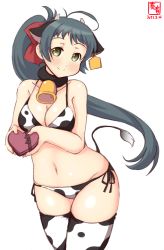 Rule 34 | 1girl, alternate costume, animal ears, animal print, artist logo, bikini, box, breasts, commentary request, cow ears, cow horns, cow print, cow tail, cowboy shot, dated, ear tag, fake animal ears, fake horns, gift, green eyes, green hair, heart, highres, horns, irako (kancolle), kanon (kurogane knights), kantai collection, large breasts, long hair, ponytail, side-tie bikini bottom, simple background, solo, standing, swimsuit, tail, thighhighs, white background, white bikini, white thighhighs