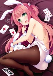 Rule 34 | 1girl, :&lt;, :d, absurdres, ace (playing card), ace of diamonds, ace of hearts, animal ears, armpits, ass, back, backless outfit, bare shoulders, bed sheet, between legs, black pantyhose, blush, blush stickers, breast slip, breasts, brown pantyhose, card, clenched hand, clubs, diamond (shape), fake animal ears, fake tail, fang, fetal position, fingernails, from above, fur trim, green eyes, habu chika, hair ornament, hairband, heart, highres, indoors, joker (playing card), kazakura, kemonomimi mode, koi shiyo?, leotard, long fingernails, long hair, looking at viewer, looking back, lying, nipples, official art, on bed, on side, open mouth, pantyhose, pink hair, playboy bunny, playing card, profile, rabbit ears, rabbit hair ornament, rabbit tail, short twintails, sideboob, signature, small breasts, smile, solo, star (symbol), strapless, strapless leotard, stuffed animal, stuffed rabbit, stuffed toy, tail, top pull, twintails, two side up, very long hair, wardrobe malfunction, wrist cuffs