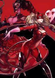 Rule 34 | 10s, 1girl, black hair, blue eyes, bodysuit, boots, breasts, carmen (persona 5), cat mask, cigar, cleavage, earrings, flower, genyaky, gloves, heart, jewelry, long hair, looking at viewer, mask, persona, persona 5, pink gloves, red background, red bodysuit, red thighhighs, rose, shiny skin, takamaki anne, thigh boots, thighhighs, twintails, whip, zipper