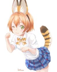 Rule 34 | 10s, 1girl, ;3, animal ears, artist name, bow, bowtie, commentary request, cosplay, fake animal ears, gale kawaii, green eyes, hairband, hoshizora rin, kemono friends, looking at viewer, love live!, love live! school idol project, one eye closed, orange hair, paw pose, plaid, plaid skirt, school uniform, serval (kemono friends), serval (kemono friends) (cosplay), serval tail, shirt, short hair, short sleeves, simple background, skirt, solo, tail, v-shaped eyebrows, white background, white shirt