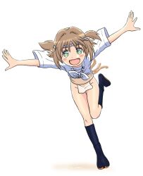 Rule 34 | + +, 1girl, :d, absurdres, blush stickers, brown hair, fang, full body, fundoshi, groin, hachimaki, hair intakes, headband, highres, hiyama yuu (wee259hiyama), japanese clothes, leaning forward, looking at viewer, mizu happi, nejiri hachimaki, oka asahi, onii-chan wa oshimai!, open mouth, outstretched arms, short hair, simple background, smile, solo, spread arms, standing, standing on one leg, thigh gap, two side up, white background