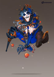 Rule 34 | 1boy, amputee, artist name, blue hair, blue lips, blue nails, bomb, boots, chain, dashiana, explosive, facepaint, fool junkrat, full body, gradient background, grey background, hair ornament, hat, highres, jester, jester cap, jester junkrat, jumping, junkrat (overwatch), lipstick, makeup, male focus, mechanical arms, nail polish, official alternate costume, one eye closed, overwatch, overwatch 1, pale skin, pants, peg leg, revision, signature, single boot, single mechanical arm, solo, sparkle, v arms, yellow eyes