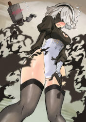 Rule 34 | 1girl, ^^^, black gloves, black hairband, black thighhighs, blindfold, blush, breasts, cleavage, cleavage cutout, clothing cutout, covered eyes, exploding clothes, facing viewer, feather-trimmed sleeves, gloves, gluteal fold, grey hair, hairband, highleg, highleg leotard, highres, juliet sleeves, leotard, long sleeves, medium breasts, mi mi ham, mole, mole under mouth, nier:automata, nier (series), nose blush, open mouth, pink lips, pod (nier:automata), puffy long sleeves, puffy sleeves, self-upload, short hair, swept bangs, thighhighs, wavy mouth, white leotard, 2b (nier:automata)