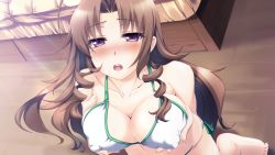 Rule 34 | 1girl, barefoot, bikini, blush, grabbing another&#039;s breast, breasts, brown hair, character request, covered erect nipples, feet, game cg, grabbing, large breasts, long hair, looking at viewer, love ecchi dessin, mole, purple eyes, sitting, solo, sunlight, sweat, swimsuit, toes