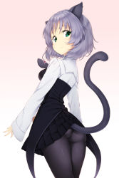 Rule 34 | 1girl, animal ears, ass, black pantyhose, cat ears, cat tail, fingernails, from behind, gradient background, green eyes, grey hair, long fingernails, looking at viewer, looking back, pantyhose, pleated skirt, sanya v. litvyak, short hair, simple background, skirt, sleeves past wrists, smile, solo, strike witches, tail, world witches series, zizi (zz22)