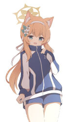 Rule 34 | 1girl, absurdres, alternate costume, alternate hairstyle, animal ears, blonde hair, blue archive, blue eyes, blush, cat ears, commentary request, flower, hair between eyes, hair flower, hair ornament, highres, jacket, long hair, looking at viewer, mari (blue archive), mari (track) (blue archive), open mouth, ponytail, shorts, simple background, solo, track jacket, tyakomes, white background