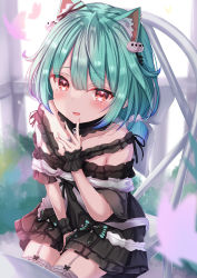 Rule 34 | 1girl, animal ear fluff, animal ears, between legs, black dress, blue hair, blush, bug, butterfly, cat ears, commentary request, detached collar, dress, extra ears, frilled thighhighs, frills, garter straps, green hair, hair ornament, hand between legs, hand up, highres, hololive, insect, looking at viewer, parted lips, pink butterfly, pom pom (clothes), pom pom hair ornament, red eyes, short sleeves, sitting, skull hair ornament, smile, solo, striped, thighhighs, uruha rushia, uruha rushia (3rd costume), virtual youtuber, white thighhighs, wrist cuffs, yuano