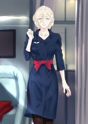 Rule 34 | 1girl, airplane interior, alternate costume, blonde hair, blue eyes, breasts, brown pantyhose, flight attendant, formal, hair between eyes, highres, kantai collection, long hair, looking at viewer, medium breasts, mole, mole under eye, mole under mouth, pantyhose, pencil skirt, richelieu (kancolle), shingyou (alexander-13), skirt, skirt suit, smile, solo, suit, travel attendant, vehicle interior