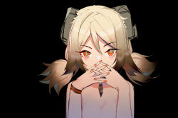 Rule 34 | 1girl, absurdres, arknights, bad id, bad pixiv id, black background, blonde hair, chinese commentary, commentary request, flat chest, hair between eyes, hands up, highres, horns, ifrit (arknights), long hair, looking at viewer, low twintails, lyk wuyan, nail polish, nude, orange eyes, orange nails, revision, simple background, solo, twintails, upper body