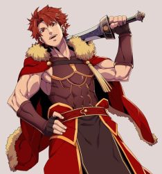 Rule 34 | 1boy, alexander (fate), cape, cowboy shot, dutch angle, fate/grand order, fate (series), fur trim, grey background, hair intakes, hand on own hip, looking at viewer, male focus, manly, muscular, aged up, open mouth, over shoulder, red eyes, red hair, sami (object dump), short hair, simple background, smile, solo, sword, sword over shoulder, weapon, weapon over shoulder