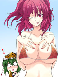 Rule 34 | 2girls, ;p, bikini, blush, breasts, breasts apart, cleavage, female focus, green hair, hair bobbles, hair ornament, hat, highres, large breasts, multiple girls, nail polish, one eye closed, onozuka komachi, ooike teru, red eyes, red hair, shiki eiki, short hair, swimsuit, tongue, tongue out, touhou, twintails, two side up, wink