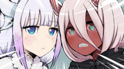 Rule 34 | 10s, 2girls, :&lt;, amasuzume, blue eyes, clenched teeth, colored sclera, colored skin, commentary request, crossover, darling in the franxx, emphasis lines, gradient hair, green eyes, hair between eyes, highres, horns, kanna kamui, kobayashi-san chi no maidragon, light purple hair, long hair, looking at viewer, multicolored hair, multiple girls, pink hair, purple hair, red sclera, red skin, spoilers, teeth, trait connection, zero two (darling in the franxx)