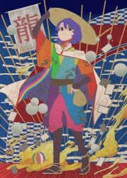 Rule 34 | 1girl, arm up, black gloves, blue eyes, brown headwear, cape, commentary, commentary request, dauchimk 1, fingerless gloves, gloves, looking at viewer, multicolored background, multicolored clothes, pants, pink pants, solo, tenkyuu chimata, touhou, white cape