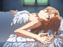 Rule 34 | 10s, 1girl, afterglow, aftersex, asuna (sao), bare shoulders, brown eyes, brown hair, chihiro p, covering privates, highres, long hair, looking at viewer, lying, nude, nude cover, on back, on bed, pillow, pov across bed, smile, solo, sword art online, under covers, window