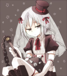 Rule 34 | 10s, 1girl, anyaaki, ball and chain (weapon), black eyes, boots, chain, elbow gloves, flail, gloves, hair ribbon, hat, jitome, kanna asumi, magical girl, mahou shoujo madoka magica, mahou shoujo madoka magica (anime), mini hat, mini top hat, morning star, spiked mace, ribbon, short hair, silver hair, solo, spiked ball and chain, spikes, star (symbol), starry background, thighhighs, top hat, veil, weapon, white thighhighs