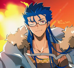 Rule 34 | 1boy, bespectacled, blue hair, bracelet, capelet, close-up, closed mouth, collarbone, cu chulainn (fate), cu chulainn (caster) (fate), earrings, fate/grand order, fate (series), fur-trimmed hood, fur trim, glasses, hood, hood down, jewelry, cu chulainn (fate/stay night), long hair, male focus, one eye closed, red eyes, smile, solo, spiked hair, yukota 2631