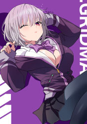 Rule 34 | black thighhighs, breasts, cleavage, commentary request, gridman universe, large breasts, looking at viewer, lying, necktie, on back, one eye closed, purple hair, red eyes, school uniform, shinjou akane, skirt, ssss.gridman, thighhighs, zest (lossol)